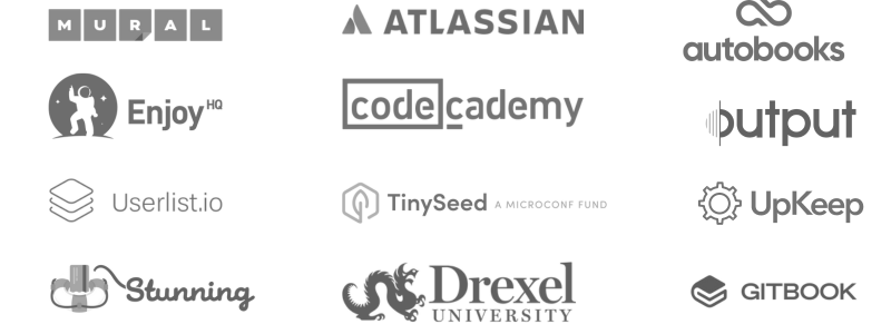 image of logos Alli has worked with, including MURAL, Atlassian, Stunning, EnjoyHQ, Codecademy, Output, Userlist, TinySeed, and Autobooks.
